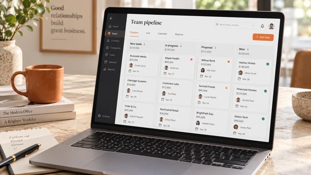 Illustrative CRM pipeline on a laptop, showing deal stages, owners and follow-ups